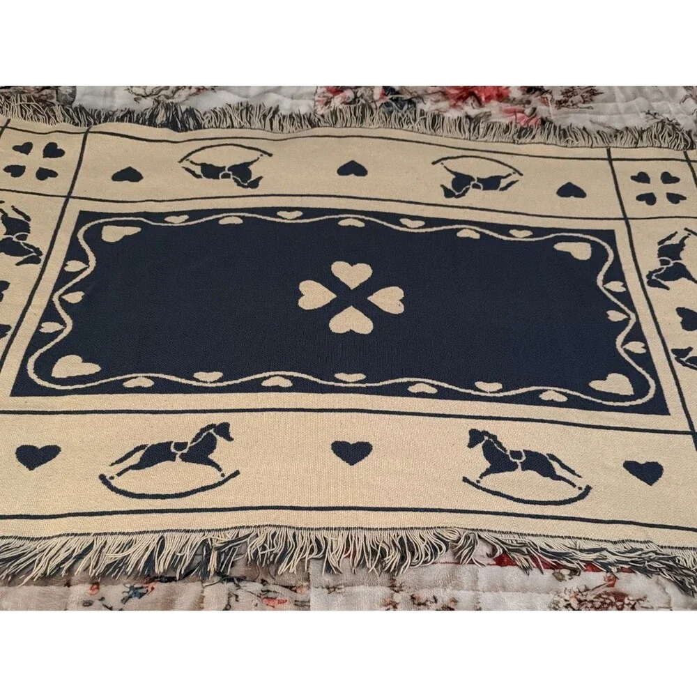 Vtg Goodwin Weavers Reversible Throw Blanket Tapestry Heart Horse 32x42 USA. GUC